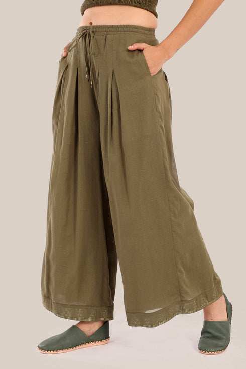 Embroidered fully lined wide leg pants